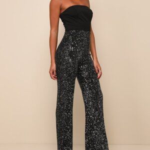 Lulus Marvelous Fun Black Sequin Strapless Straight Leg Jumpsuit - Size XS